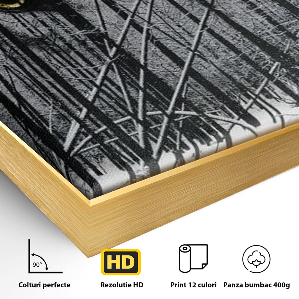 Detaliu al suprafetei: tablou canvas cu ochi de lup si padure iarna, in rama de aluminiu auriu